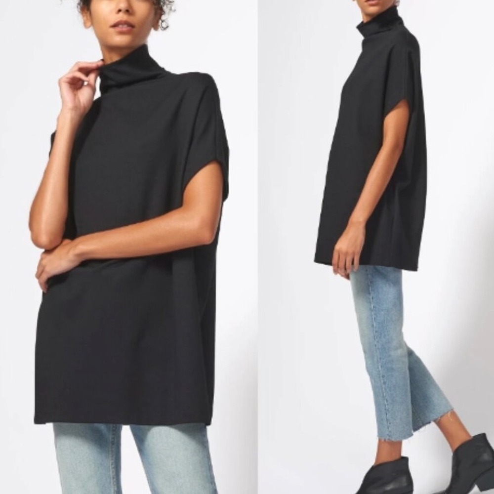 Kal Rieman Black Ponte Funnel Neck Tunic Top Oversized Cap Sleeve Minimalist M